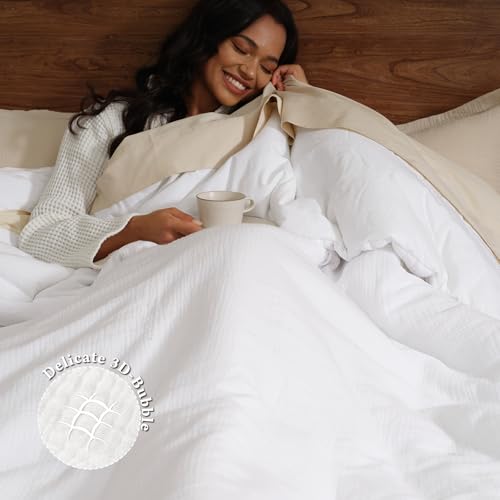 Image of David's Home Cotton Muslin Comforter Set Queen Size, 100% Cotton Cover Ultra-Soft Breathable Lightweight Skin-Friendly for Spring Summer, 3PCS Linen Like Gauze Bedding with Polyester Filling, White