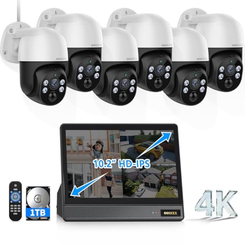 Image of OOSSXX (2026 New) 4K PoE PTZ Security Camera System with 10.2'' Monitor, 8CH NVR, 6pcs Wired Outdoor Cameras with 1TB HDD, Pan Tilt Auto Tracking, AI Human Detection, Free App, No Monthly Fee
