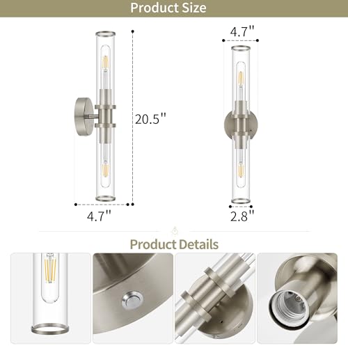 Image of Rayogale Nickel Wireless Battery Operated Wall Sconces with Remote Control | Glass Rechargeable Wall Lights Set of 2 with Timer Function Dimmable for Living Room Bedroom Emergency 3000K, 20.5 Inch