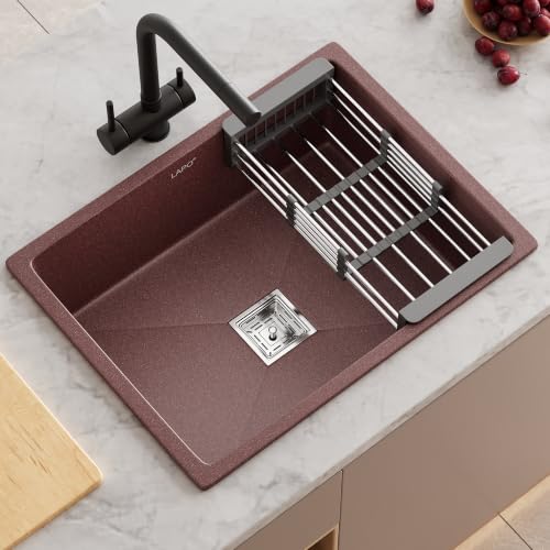 Image of LAPO Quartz Basin for Kitchen | 24x18 Inch UV Resistant Surface Basin | Low Water Noise & Single Bowl Sink with Tap Hole | Sink with Coupling, Waste Pipe & Drain Basket | 3 Yrs Warranty(Brown Finish)