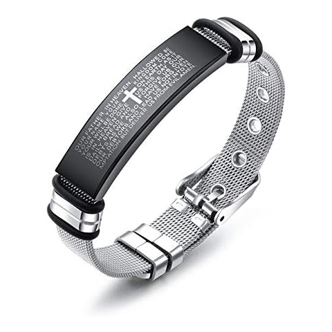 Bestdays Men's Vintage Stainless Steel Black Cross Silver English Bible Lords Prayer Religious Link Wrist Bracelet (SL026) Cover