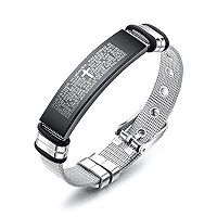 Reizteko Men's Stainless Steel Bracelet - Black Cross & Silver English Bible Lords Prayer Link