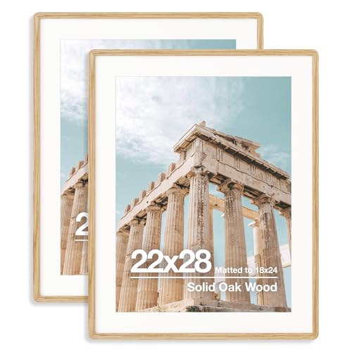 22X28 Poster Frame | Solid Oak Wood 22 X 28 Picture Frame | 22X28 Picture Frame With Mat For 18X24 | Tempered Glass And Hanging Hardware Included | Puzzle Frame 22X28 Wood (Natural Oak, 2 Pcs)