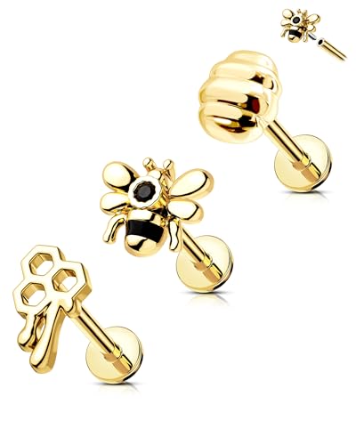 CM Crareesi Mania Flat Back Earrings Internally Threaded Labret Studs 316L Stainless Steel Helix Earrings Stud 16G Cartilage Earrings Stud 8mm Bee Medusa Piercing Jewelry