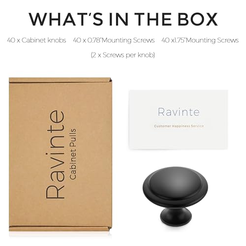 Ravinte 40 Pack Matte Black Kitchen Cabinet Knobs 1-1/4 Inch Round Drawer Pulls Flat Black Stainless Steel Drawer Handles Door Hardware for Dresser Cabinets