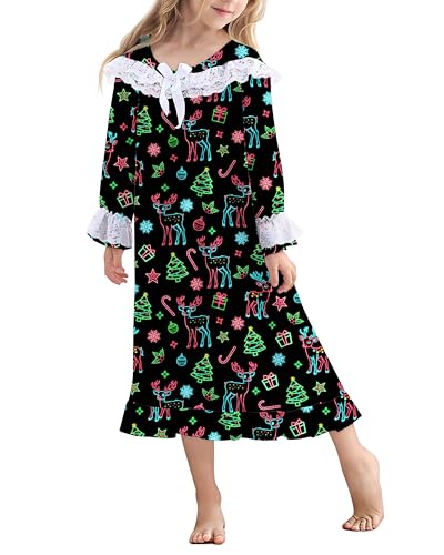 uideazone Girl Nightgowns Lace Print Sleepwear Lightweight Nightdress Soft Princess Pajamas Dress 4-12 Years