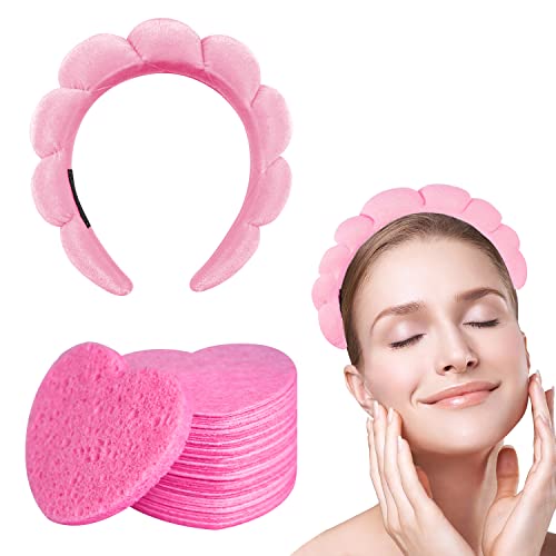 50-Count Heart Shape Compressed Facial Sponge with Spa Headband,Cellulose Facial Sponges,100% Natural Cosmetic Spa Face SpongesÂ forÂ Cleansing, Massage, Pore Exfoliating, Mask, Makeup Removal