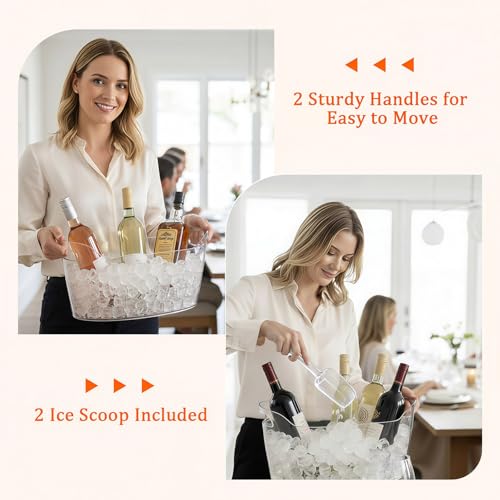 6.5L Ice Bucket 2 Pack Ice Buckets for Parties, Beverage Tub for Cocktail Bar with Handle, Drink Cooler for Wine Beer Champagne, Clear Ice Bucket with Scoop for Mimosa Bar Drink Chiller
