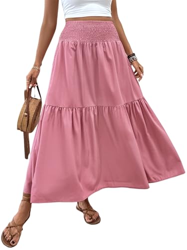 Women's Summer Floral Maxi A-Line Boho Skirt, Summer for Women 2025 Vacation Boho Floral Tiered (0,Pink)