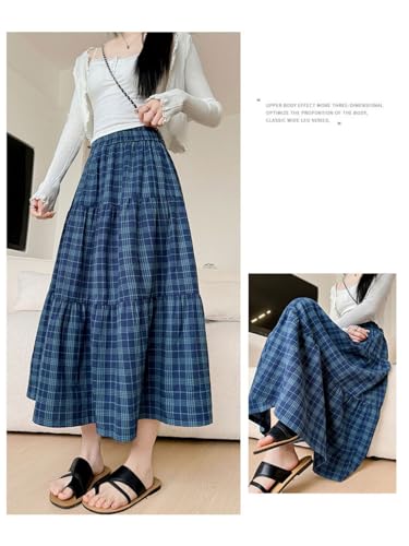 utcoco Womens Retro Preppy Plaid Midi Skirt Elastic High Waist Tiered Flared Ruffle A Line Long Skirt4