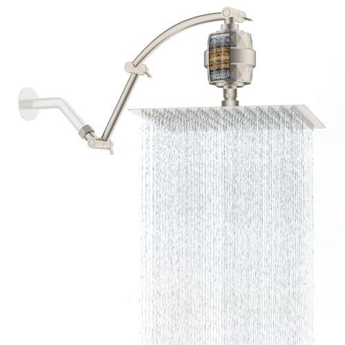 Hibbent All Metal Rain Filtered Shower Head, 12'' High Pressure Rainfall Showerhead with 16" Shower Extension Arm, 20 Stage Shower Filter, Solid Brass Adjustable Shower Arm Extender, Brushed