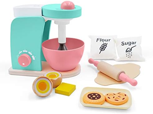 Wooden Toy Bake-Cookie Mixer Set(14 pcs)- play kitchen accessories Interactive Early Learning Toy, Exclusive Egg, Rolling Pin and Cookie Set - Fun and Colorful for Girls and Boys