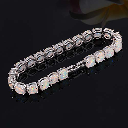 Cinily OS402 Rhodium Plated Created White Fire Opal Women Jewelry Gemstone Round Bracelet 8'' thumb #2