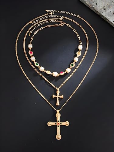 Gold Layered Cross Necklace Set For Women, Vintage Pearl Beaded Choker Colorful Rhinestone Crystal Statement Adjustable Chain Necklaces Holiday Anniversary Birthday Jewelry Gift3