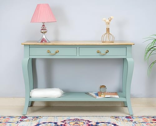 Image of Wooden Console Table with 2 Drawers, Natural Wood Top, Curved Legs, Entryway Sofa Table, Sheesham Wood Study Table with Shelf Storage, 46Lx17Wx30H Inches. (Silt Green)