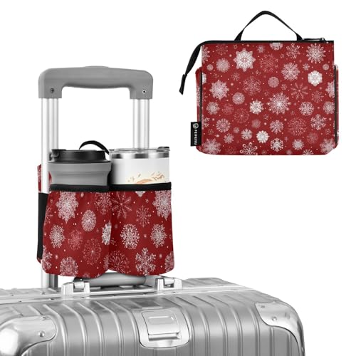 Image of Luggage Cup Holder for Suitcases Free Hands Suitcase Cup Holder Travel Luggage Drink Holder Portable Luggage Cup Caddy Bag Carrier with Handle Red Christmas Snowflakes