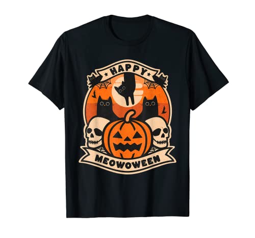 HAPPY MEOWOWEEN HALLOWEEN Gatto Nero Retro Divertente Vintage Maglietta