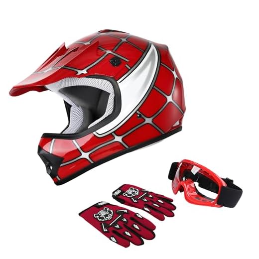 XFMT DOT Youth Kids Motocross Offroad Street Dirt Bike Helmet Youth Motorcycle Atv Helmet with Goggles Gloves Red Spider M