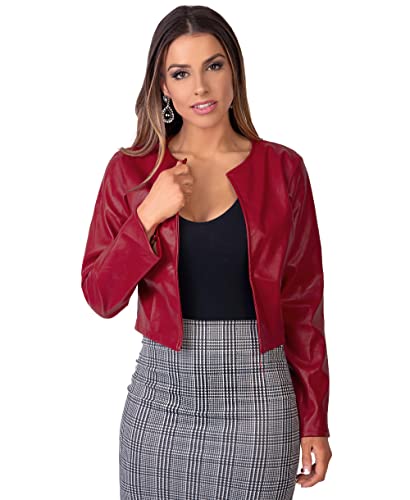 KRISP Women PU Leather Cropped Jacket Long Sleeve Bolero