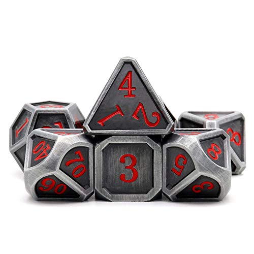 Haxtec Ancient Silver Metal DND Dice Set D&D 7PCS Large Rounded Antiue Iron RPG Dice Red Numbers for Dungeons and Dragons TTRPG Game Gifts',Standard size