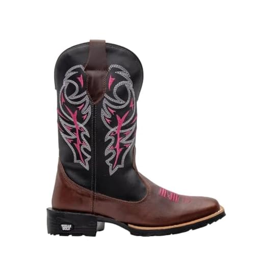 Bota Feminina Texana Em Couro Marrom Cano Longo Bordado Delegada Bico Quadrado (Marrom, BR, Adulto, Numérico, 36)