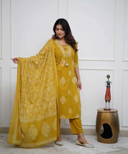 Image of DR DIGITAL Women's Cotton Printed Straight Kurti with pant and Dupatta Set