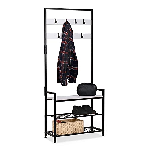 Homekoko Entryway Hall Tree Storage Shelf, Coat Rack Shoe Bench, Wood Look Accent Furniture With Metal Frame, 3 In 1 Design #TOP28