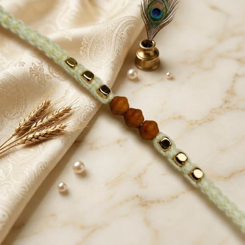 Image of Rakhi Set of 2 for Brother | Premium Rudraksha & Chandan Rakhi with Kundan Stone Designer Thread | Traditional Handmade Rakhi for Bhai, Brother, Bhaiya | Greeting Card Included | Multicolor