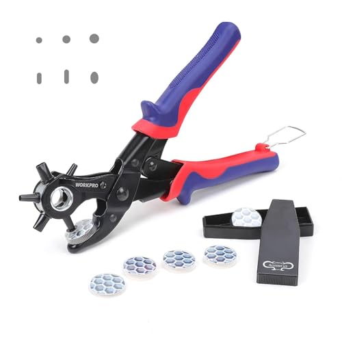 WORKPRO Belt Hole Puncher for Leather, 6-IN-1 Leather Hole Punch, Heavy Duty Revolving Punch Plier with 6 Holes, Multi Sized for Belts, Crafts, Card, Rubber, etc.