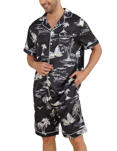 Veseacky Mens Silk Satin Pajamas Set Short Sleeve Sleepwear Button-Down Pjs Sets Two-Pieces Loungewear with Pockets S-XXL