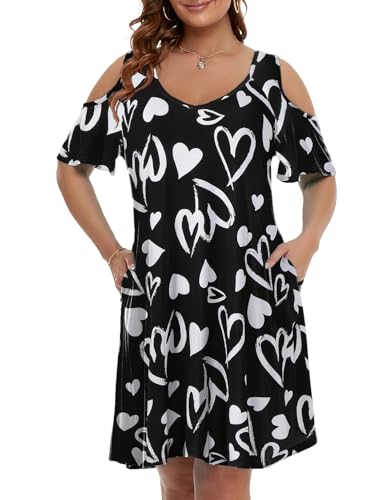 Image of JollieLovin Womens Plus Size Short Sleeve Cold Shoulder V Neck T-Shirt Dress with Pockets