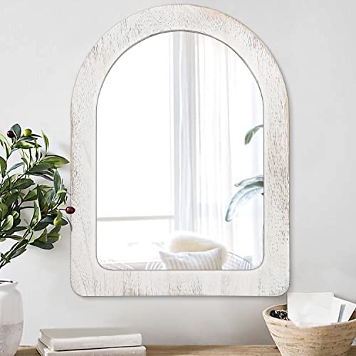 AAZZKANG Espejo de pared rústico de arco con marco de madera, espejo colgante decorativo para dormitorio, baño, granja, hogar, decoración de pared, color blanco Cover