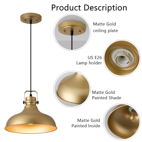 Image of Gold Modern Pendant Lights Kitchen Island Fixtures | ETL Certificate,Industrial Adjustable Height Vintage Dome Hanging Light Fixtures for Barn,Dining Room 3 Pack