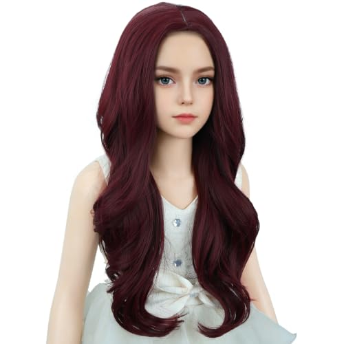DUDUWIG Child Wine Red Wig Kids Long Red Middle Part Wig Girls Burgundy Wavy Curly Wigs Heat Resistant Synthetic Wigs with Wig Cap