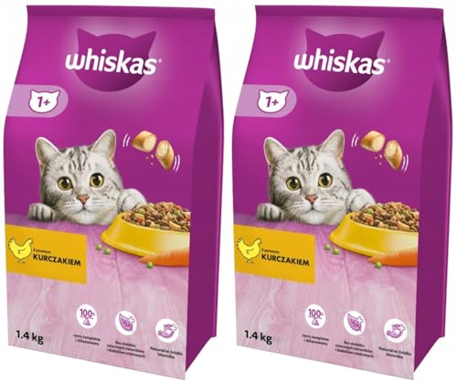 Whiskas Adult 1+ Katzentrockenfutter mit Huhn, 2 Beutel, 2x1,4kg – Hochwertiges Trockenfutter für ausgewachsene Katzen ab 1 Jahr- unterschiedliche Produktverpackungen erhältlich