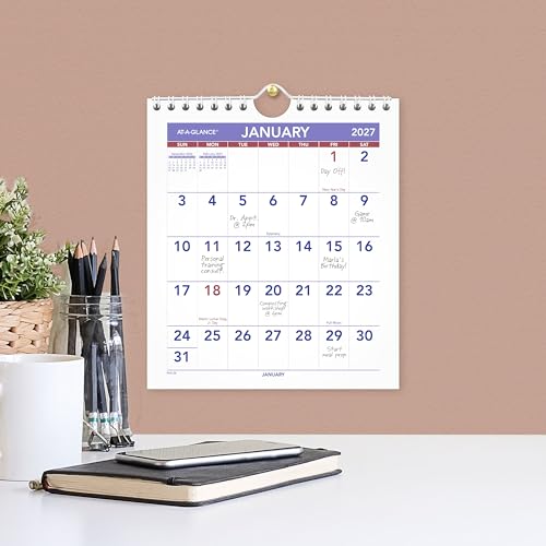 Image of AT-A-GLANCE 2027 Wall Calendar, Monthly, 6.5 inch x 7.5 inch Planner, Unruled Daily Blocks (PM52827)