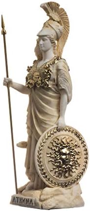 BeautifulGreekStatues Athena With Owl Medusa Holding Shield Greek Goddess Alabaster Statue Gold 6.69"