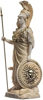 BeautifulGreekStatues Athena With Owl Medusa Holding Shield Greek Goddess Alabaster Statue Gold 6.69"