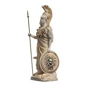 Athena met uil Medusa Holding Schild Griekse godin Albast standbeeld Goud 6.69″