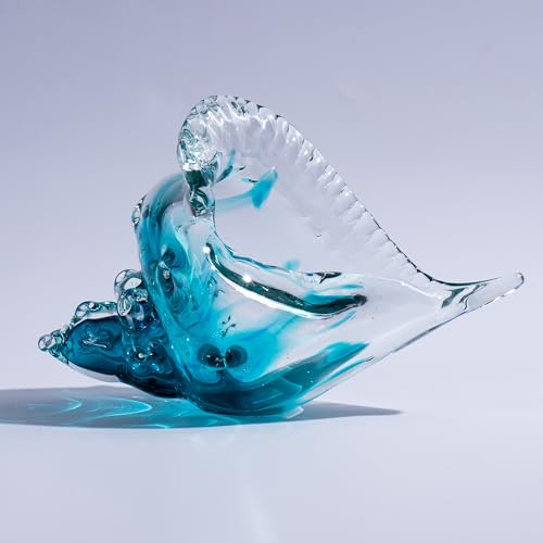 QIANCHANG 8' Blown Glass Conch Shell, Large Blue Glass Seashells Sculpture Table Centerpiece, Coastal Ocean Beach Themed Room Gifts for Women