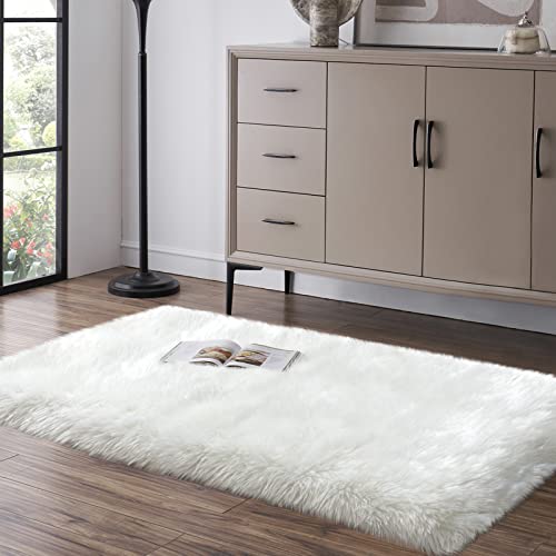 Image of Tangsoo 2x4 White Small Faux Rur Rug,Fluffy Rug for Sofa Chair Couch Cover