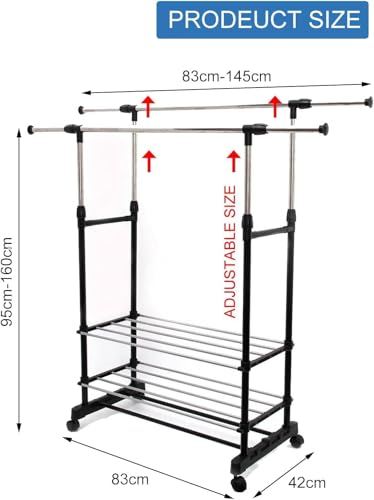 Small Clothes Rail with Wheels Adjustable Height & Width (80-155cm) Mobile Rolling Hanging Rail for Small Spaces 20kg Heavy Duty Stainless Steel Garment Rack for Bedroom & Wardrobe Black