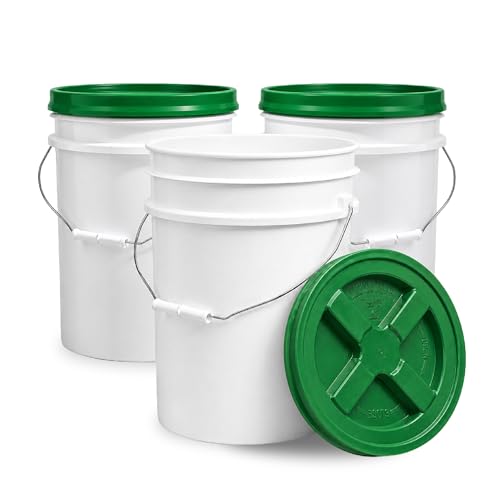 Image of ePackageSupply 5 Gallon Bucket - Food Grade w /Lid BPA-Free, White /Green, 3 | Airtight Gamma Seal Screw-On Lid, Heavy-Duty 90 Mil HDPE Plastic, Food Safe and Durable Container, Bulk Storage, Made in USA
