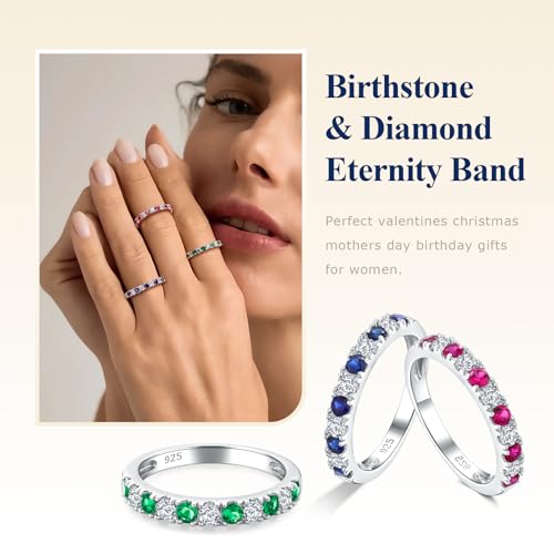 Bezel Set Birthstone Wedding Band 14K Gold Sterling Silver Stackable Half Eternity Band Rings 2.5mm Wide Ruby/Amethyst/Sapphire/Emerald Green/Aquamarine Ring for Women, Send Gift Box3