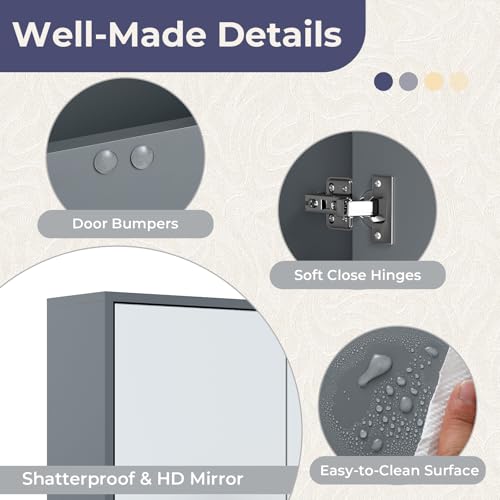 COSTWAY Bathroom Mirror Cabinet, Wall Mounted Storage Cupboard with Shelf, Home Kitchen Living Room Display Organiser Unit (Smaller Double Door, Grey) - Cosy Home Interiors COSTWAY Bathroom Mirror Cabinet, Wall Mounted Storage Cupboard with Shelf, Home Kitchen Living Room Display Organiser Unit (Smaller Double Door, Grey) - Image 5