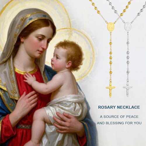 Rosary Beads Catholic Necklace for Women and Men 6mm 18K Gold Plated Stainless Steel Gold Long Crucifix Cross Christian Religious Anglican Prayer Beads Y-Necklace Jewelry with a Gift Box2