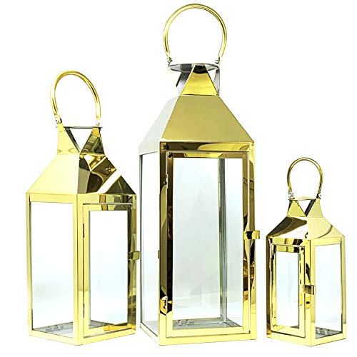 Image of Allgala 3-PC Lantern Set 24 Inch Jumbo Deluxe Modern Indoor /Outdoor Candle Lantern Set Gold Stainless Steel Frame Tempered Glass Pyramid Top for Garden Poolside Fireplace Wedding