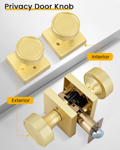 Image of Goldenwarm Gold Door Knobs Interior, Privacy Door Knob Zinc Alloy, Brushed Gold Interior Door Knobs for Bedroom Bathroom, 12 Pack