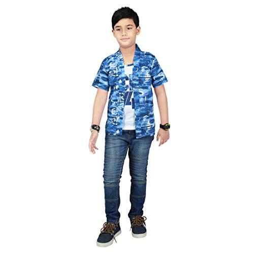 Image of Boy's Half Sleeve Cotton White Printed T-Shirt with Blue Jacket Shrug Look Smart and Comfortable for Any Casual and Festive Purpose (13-14 Years)