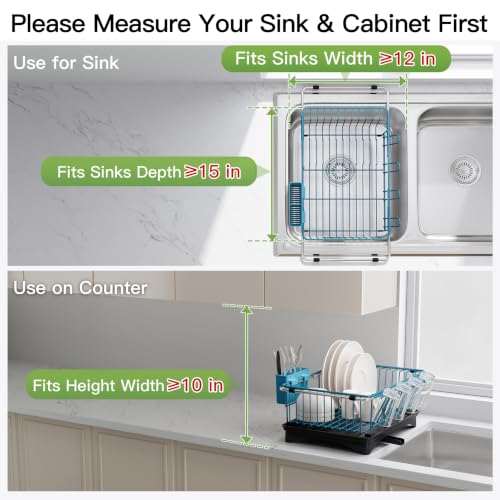Image of JASIWAY Blue Dish Drying Rack in Sink with Drainboard and Utensil Holder